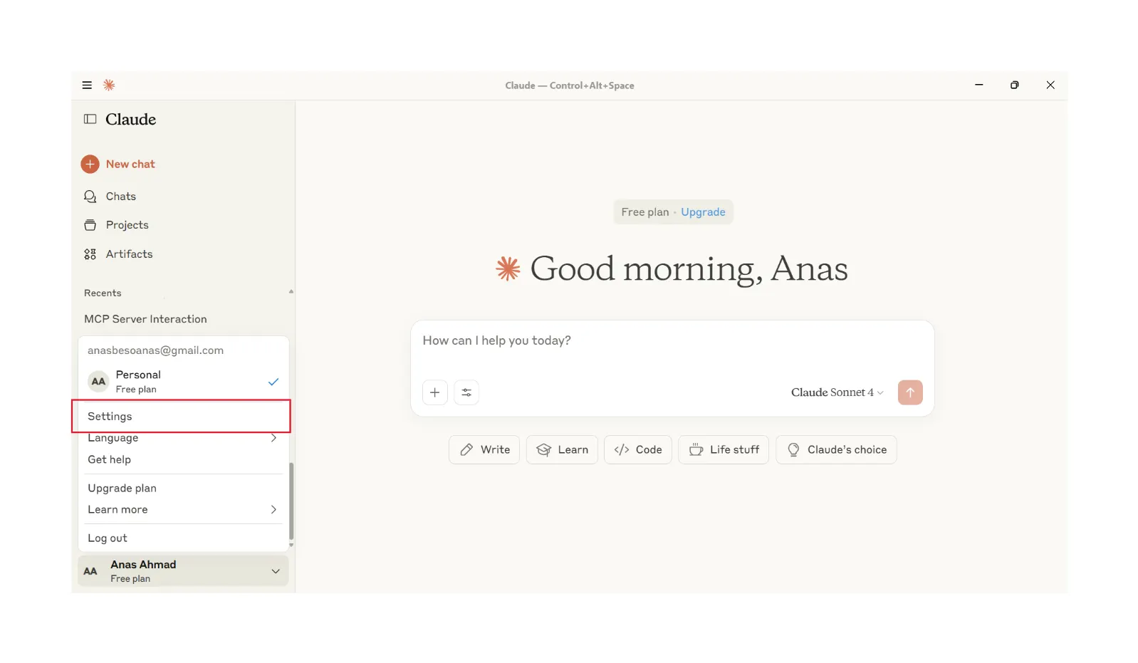 Claude settings menu