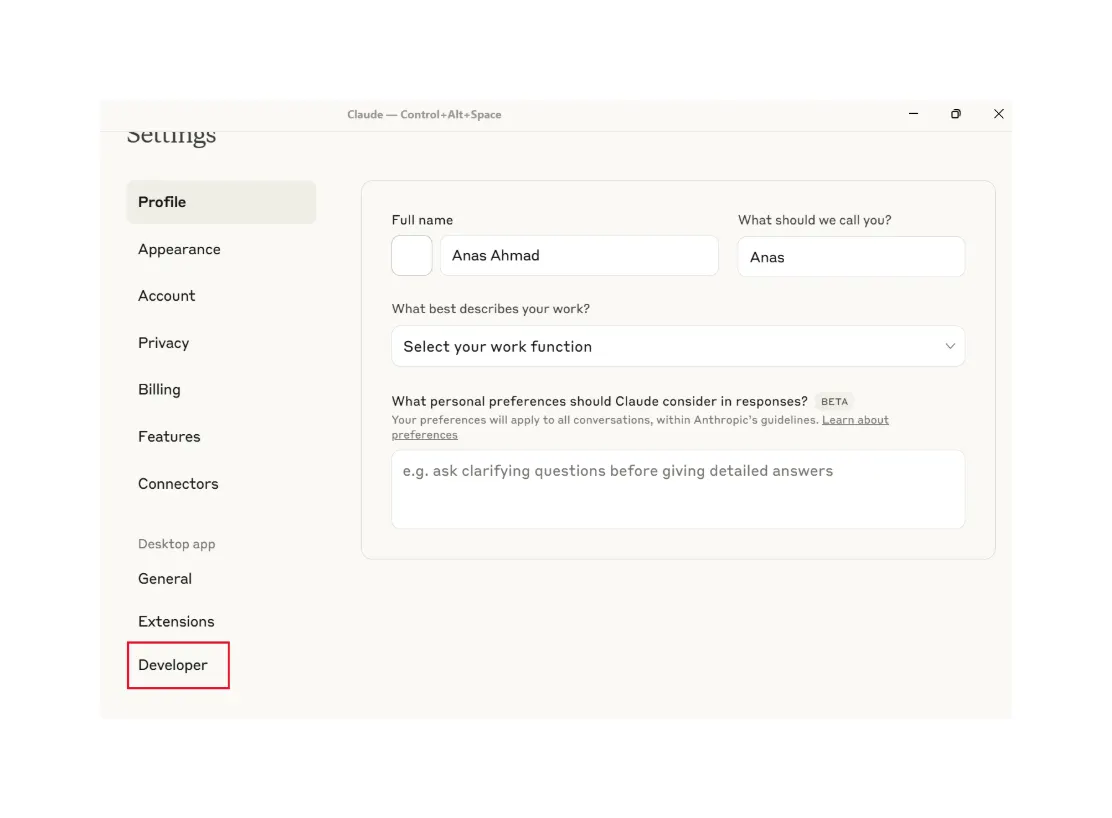 Developer settings option